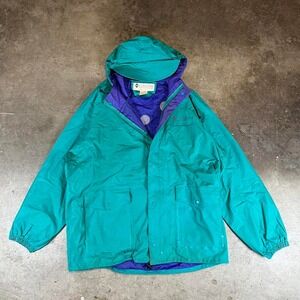 Vintage 90s Blue and green Columbia Sportswear rain jacket with hood
